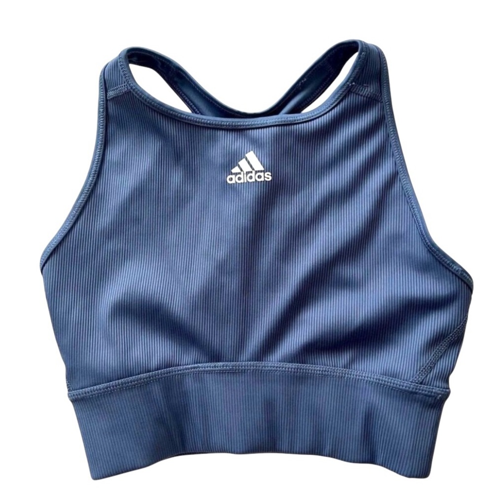 Adidas Dusty Blue High Neck Ribbed Sports Bra Size S